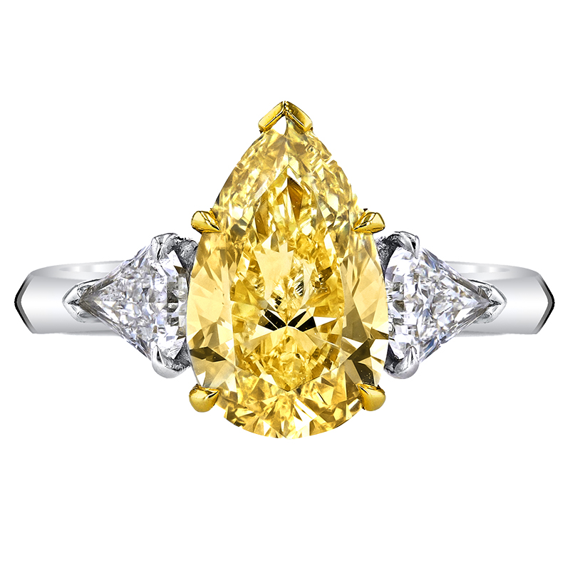 Korman Signature Platinum Fancy Yellow Pear Three Stone Engagement Ring